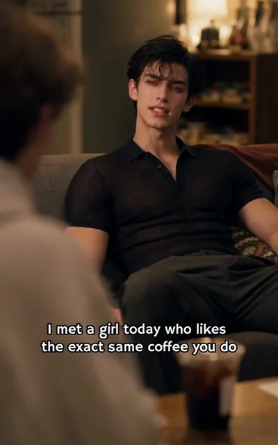 Frame ep03-f02 from episode 3 — The same coffee (ep3; subtitles as aired — I met a girl today who likes the exact same coffee you do. Really? I was actually planning to pursue her.)