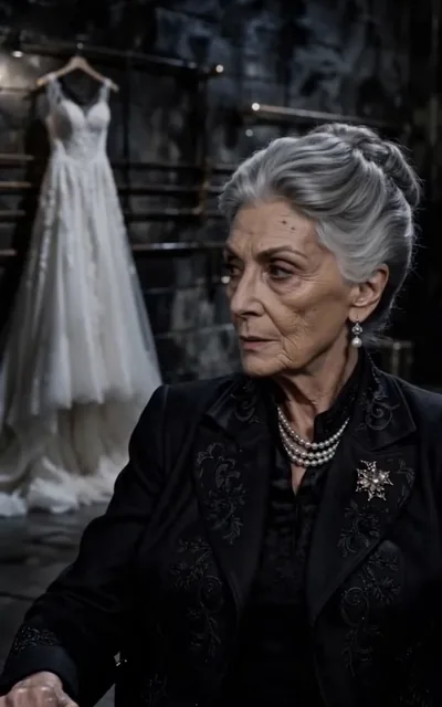 Frame ep01-f02 from episode 1 — The missing bride's dress hangs silent (ep1; subtitles as aired — Serena is gone. She took the money and crossed the border.)