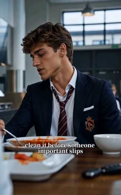 Frame ep02-f05 from episode 2 — Adrian's cafeteria warning (ep2; subtitles as aired — Clean it before someone important slips.)