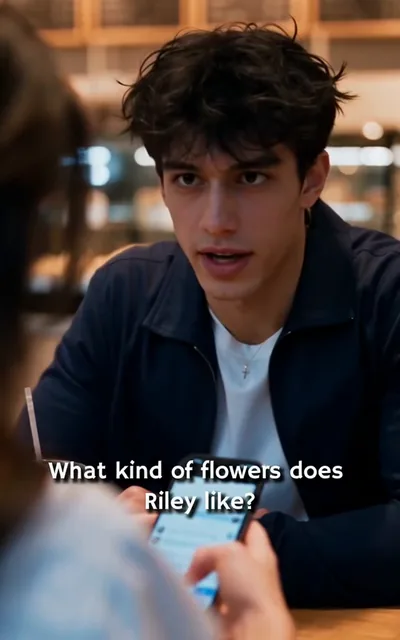 Frame ep05-f02 from episode 5 — Noah asks for dating tips (ep5; subtitles as aired — What kind of flowers does Riley like? — No idea. — Sweet food or savory? — Ask her yourself.)