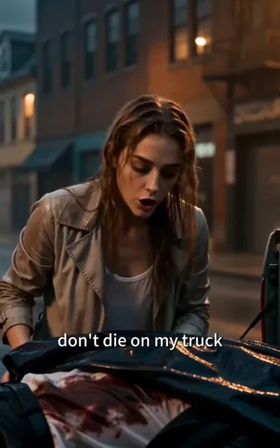 Frame ep01-f02 from episode 1 — Carolyn kneels over him on the truck (ep1; subtitles as aired — Don't die on my truck.)
