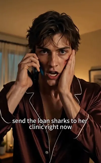 Frame ep02-f03 from episode 2 — Mateo on the phone, controlled fury (ep2; subtitles as aired — Send the loansharks to her clinic right now.)