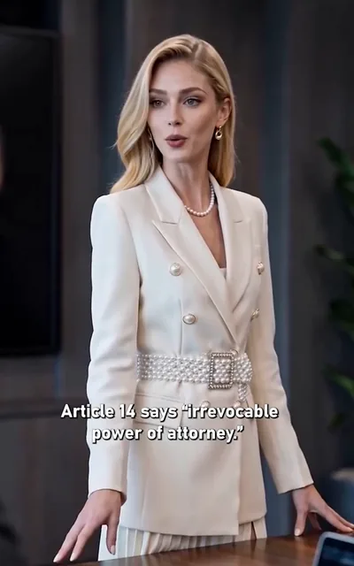 Frame ep03-f00 from episode 3 — Olivia reads the trap (ep3; subtitles as aired — Article 14 says irrevocable power of attorney.)