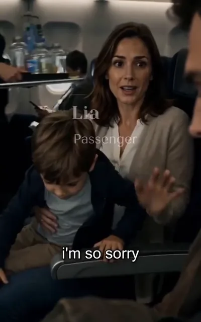 Frame ep01-f00 from episode 1 — The flight home starts badly (ep1; subtitles as aired — I'm so sorry. — It's okay. Good arm, kid. Next time give me a warning. I bruise easy.)