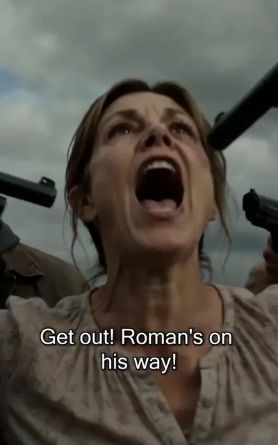 Frame ep04-f03 from episode 4 — His mother screams from the doorway (ep4; subtitles as aired — Get out! Roman's on his way!)