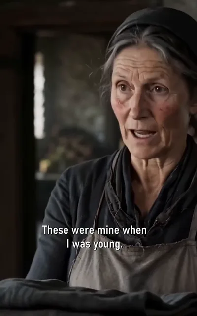 Frame ep04-f01 from episode 4 — Morgan hands over the old dress (ep4; subtitles as aired — These were mine when I was young. They're old, but they'll keep you warm.)