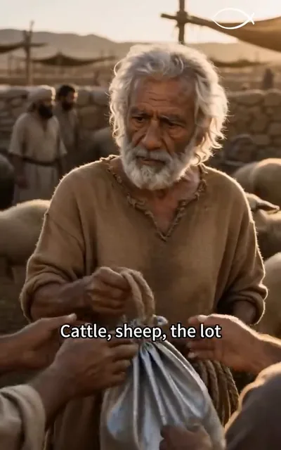 Frame ep03-f00 from episode 3 — He sells the flock for timber (ep3; subtitles as aired — Cattle, sheep, the lot. It all becomes gopher wood.)