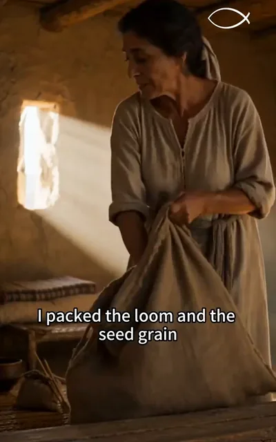 Frame ep03-f01 from episode 3 — The wife packs their life onto the hill (ep3; subtitles as aired — I packed the loom and the seed grain.)