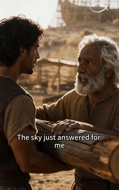 Frame ep06-f03 from episode 6 — The builder and his son on the hull (ep6; subtitles as aired — The sky just answered for me.)