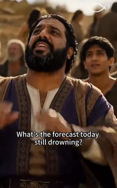 Frame ep07-f00 from episode 7 — The crowd mocks the forecast (ep7; subtitles as aired — Dreamer, what's the forecast today? Still drowning?)
