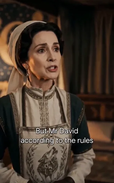 Frame ep01-f01 from episode 1 — A rulekeeper objects to David (ep1; subtitles as aired — But Mr David, according to the rules...)