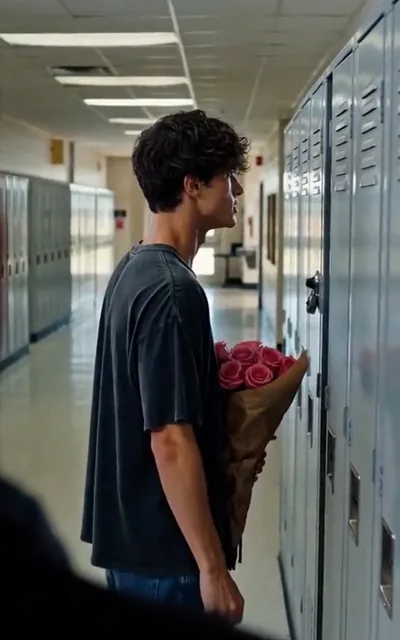 Frame ep01-f00 from episode 1 — Leo psychs himself up at the lockers (ep1; subtitles as aired — You've been petting your hair for three minutes. It's not a cat.)