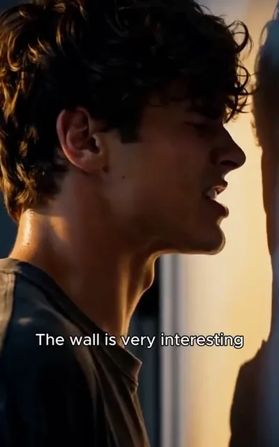 Frame ep03-f03 from episode 3 — Leo stares at the wall so he won't look (ep3; subtitles as aired — The wall is very interesting. Great texture. I'm looking at the wall.)