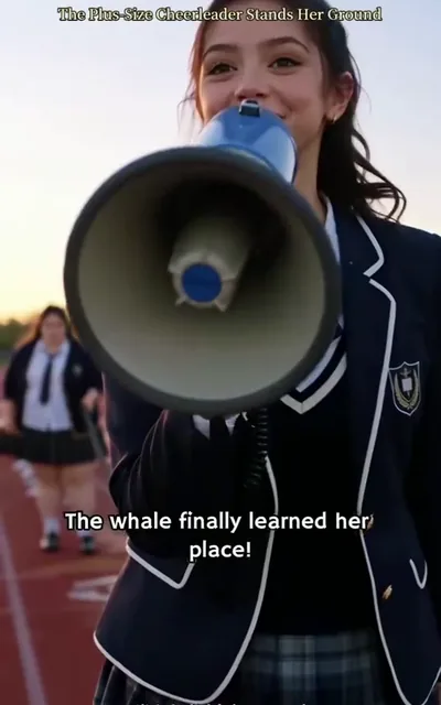 Frame ep01-f00 from episode 1 — Olivia shouts over the megaphone (ep1; subtitles as aired — Look, the whale finally learned her place.)