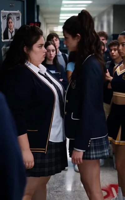 Frame ep02-f00 from episode 2 — Elowen walks the hallway line (ep2; subtitles as aired — Bullies don't get to choose my finish line.)