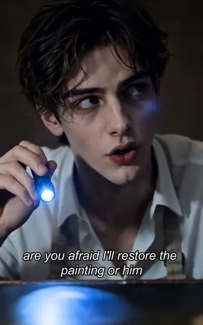 Frame ep04-f03 from episode 4 — Eli presses on the hidden layer (ep4; subtitles as aired — Are you afraid I'll restore the painting — or him?)