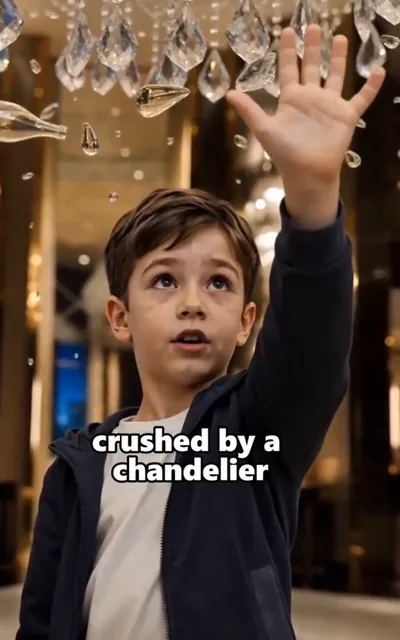 Frame ep01-f00 from episode 1 — Max raises the chandelier at the party (ep1; subtitles as aired — She also said not to get crushed by a chandelier. Security, get these 2 kids out of here now.)