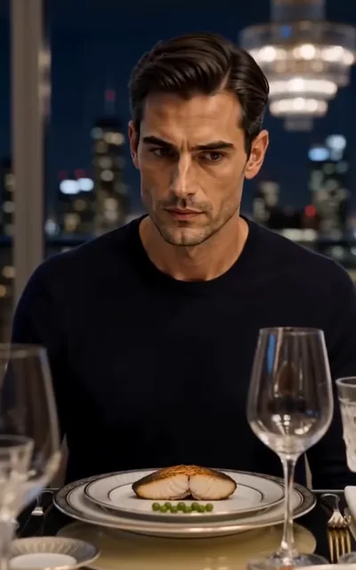 Frame ep07-f02 from episode 7 — Adrian at the family dinner table (ep7; subtitles as aired — You've been here ten minutes and already destroyed three things. The robot vacuums were Max's fault.)