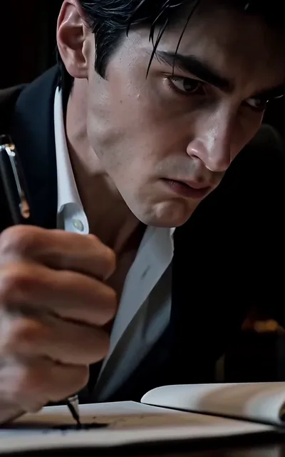 Frame ep02-f01 from episode 2 — Silas writing at the desk, cold and controlled (ep2; subtitles as aired — My blood's the only thing in this city that can save you.)