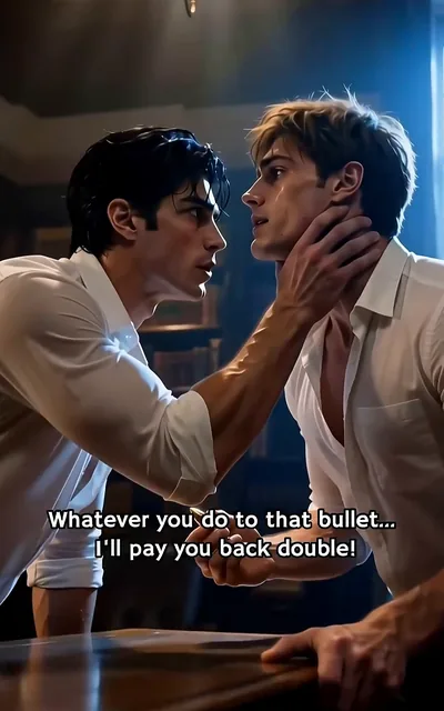 Frame ep05-f02 from episode 5 — The two of them by the desk in the synced standoff (ep5; subtitles as aired — Whatever you do to that bullet, I'll settle the score double. Silas, your turn, punish me.)