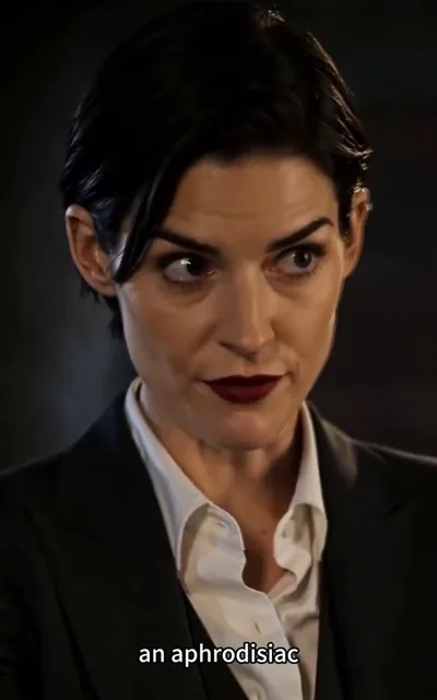 Frame ep02-f02 from episode 2 — The mafia queen sizes him up (ep2; subtitles as aired — Why were you at the Ruby Club? Why team up with the Irish mob to steal meds?)
