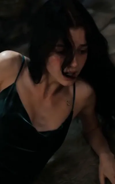 Frame ep01-f00 from episode 1 — Lena flees into the burning night (ep1; subtitles as aired — She runs through the door into fire and does not look back.)