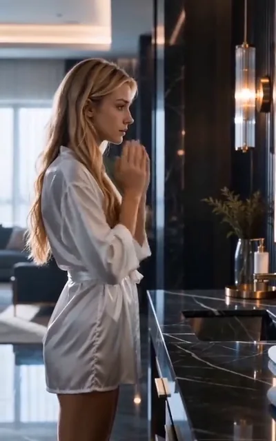 Frame ep01-f00 from episode 1 — Violet alone in the dark kitchen (ep1; subtitles as aired — Can sleep better than ever.)