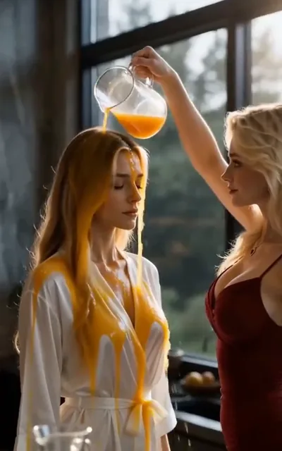 Frame ep03-f01 from episode 3 — Jess pours orange juice over Violet (ep3; subtitles as aired — You look really good down there on the floor from this angle.)