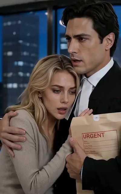 Frame ep05-f01 from episode 5 — Elena clings to Nathan holding the urgent evidence envelope (ep5; subtitles as aired — Then we're not just preparing a divorce, we're taking the company away from them.)