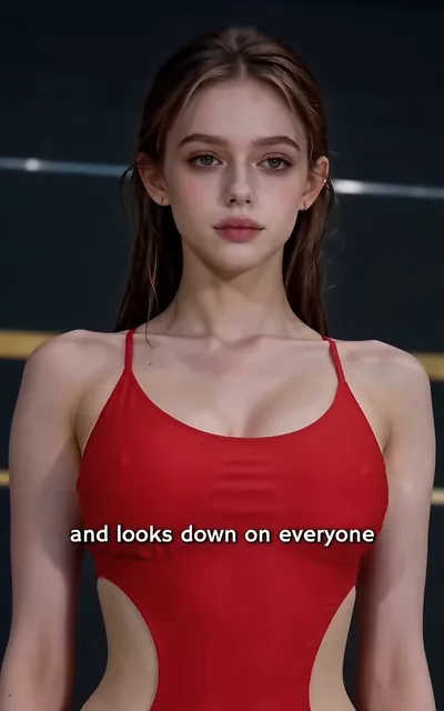 Frame ep01-f00 from episode 1 — Seraphina in the red suit in the empty pool (ep1; subtitles as aired — I'm the only one who touches the wall first and looks down on everyone.)