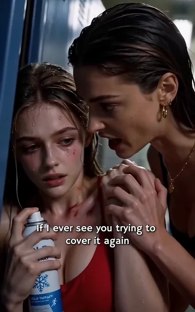 Frame ep05-f03 from episode 5 — Seraphina holds Lyra's shoulder in the locker room (ep5; subtitles as aired — If I ever see you trying to cover it again, I'll lock you in my private pool.)