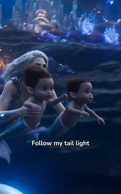 Frame ep01-f00 from episode 1 — Kira with the juvenile merfolk in the sanctuary (ep1; subtitles as aired — Follow my tail light. Stay together.)