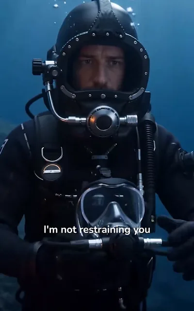 Frame ep02-f01 from episode 2 — Jordan facing Kira in the dive gear (ep2; subtitles as aired — Water is my air. I'm not restraining you. Hold it yourself.)