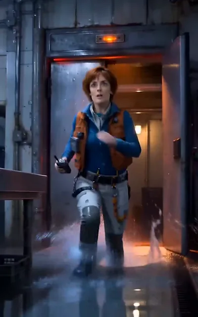 Frame ep03-f00 from episode 3 — Gray running through the flooded compartment (ep3; subtitles as aired — Her gills are injured. The server copy deleted these 17 seconds.)