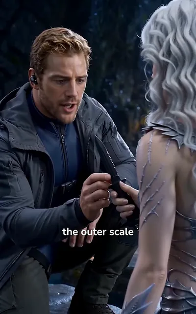 Frame ep04-f01 from episode 4 — Jordan kneels by Kira on the rock (ep4; subtitles as aired — The scale only, not the gill slit. Say stop and I stop.)