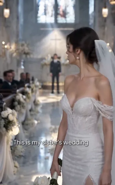 Frame ep01-f00 from episode 1 — Nova walks down the church aisle as the stand-in bride (ep1; subtitles as aired — This is my sister's wedding, her dress, her man and me. I'm just the temp.)