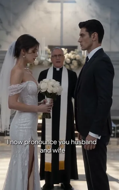 Frame ep01-f02 from episode 1 — The minister at the altar pronounces them (ep1; subtitles as aired — I now pronounce you husband and wife.)