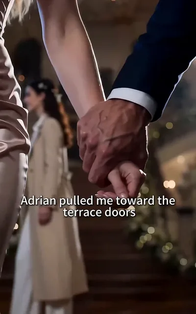 Frame ep05-f03 from episode 5 — Adrian pulling Clara toward the terrace (ep5; subtitles as aired — Adrian pulled me toward the terrace doors.)
