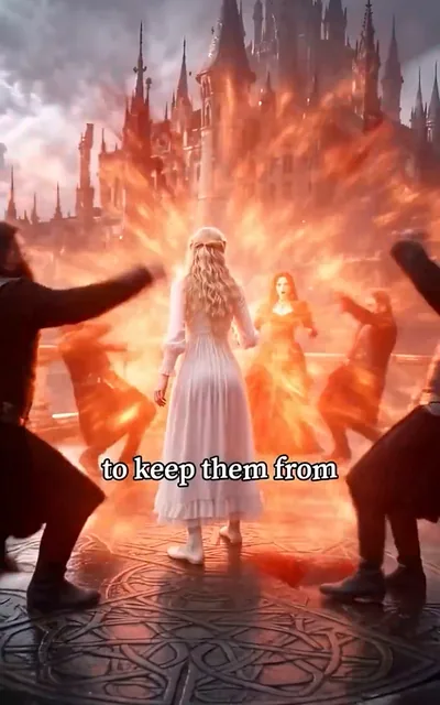 Frame ep01-f00 from episode 1 — Elara flees the castle as the plaza burns behind her (ep1; subtitles as aired — To keep them from hurting my baby, I broke my blood bond with Kyle and jumped from the castle tower.)