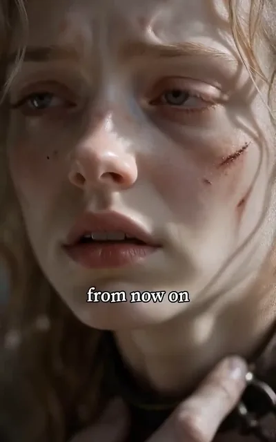 Frame ep01-f02 from episode 1 — Elara's close-up with the scar on her cheek (ep1; subtitles as aired — Even if I fall into the abyss, I will keep my vampire child safe.)