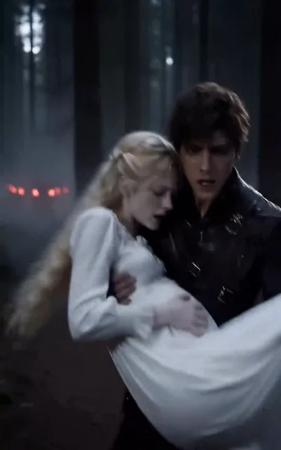 Frame ep03-f01 from episode 3 — Kyle shelters the pregnant Elara in the misty woods (ep3; subtitles as aired — We can only use my blood to cover your human scent.)