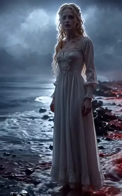 Frame ep03-f03 from episode 3 — Elara on the blood-red shore of the border river (ep3; subtitles as aired — Live for your child, Elara.)