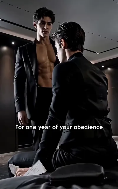 Frame ep01-f00 from episode 1 — The contract is slid across the black marble table (ep1; subtitles as aired — 50,000 for one year of your obedience.)