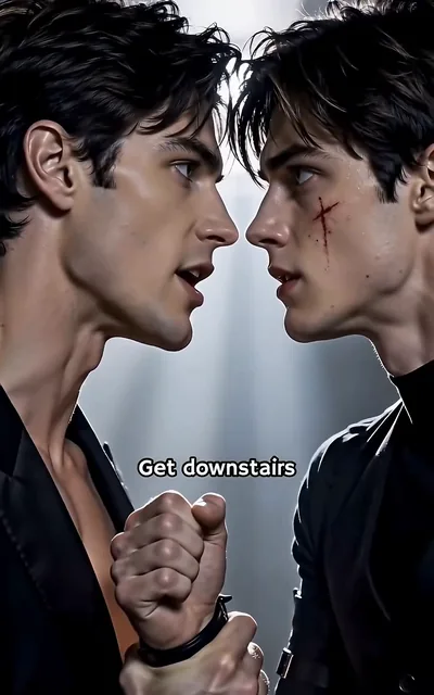 Frame ep01-f03 from episode 1 — The two men nose to nose in the hallway (ep1; subtitles as aired — Get changed and get downstairs.)