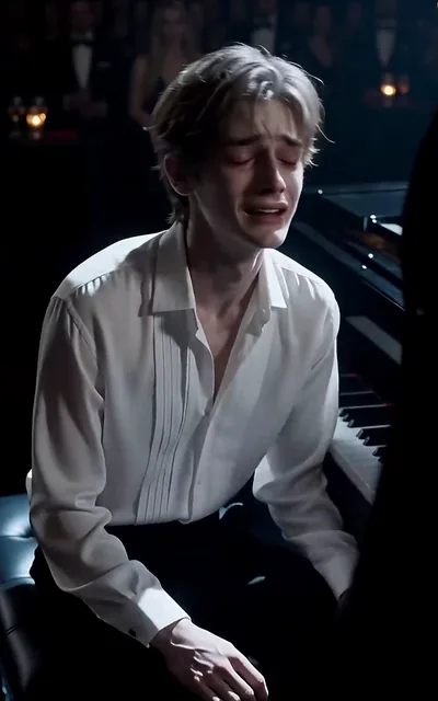 Frame ep05-f00 from episode 5 — The boy at the piano, already broken (ep5; subtitles as aired — If you want to die, do it outside. Don't stain the Vera floor.)