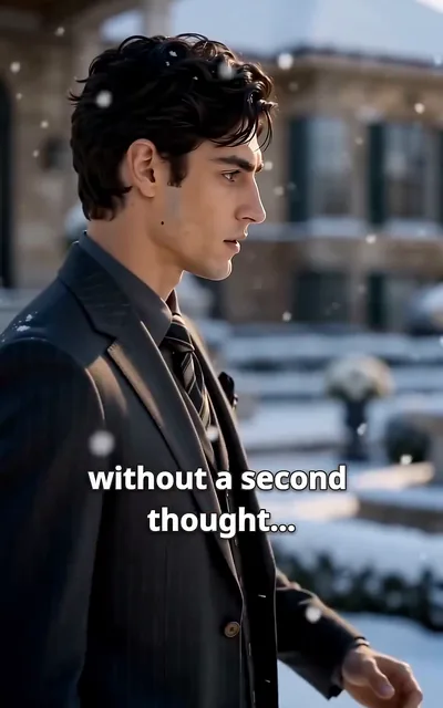 Frame ep01-f03 from episode 1 — Rowan walks through the snow (ep1; subtitles as aired — The moment I saw William leading Chloe to the bridal car, I ran to William without a second thought.)
