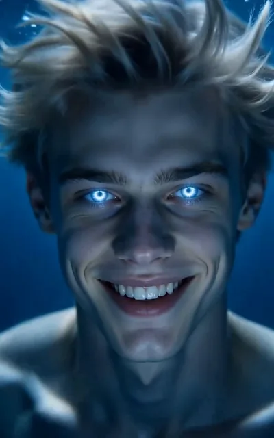 Frame ep06-f00 from episode 6 — The boy grins with glowing blue eyes (ep6; subtitles as aired — Why is my heart beating so fast?)