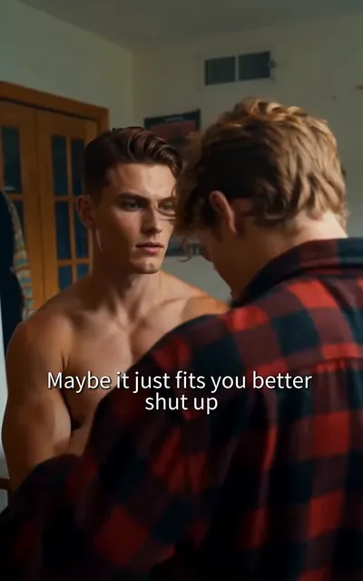 Frame ep01-f01 from episode 1 — Caleb and Ethan bicker on the couch (ep1; subtitles as aired — You always steal my favorite clothes. Maybe it just fits.)