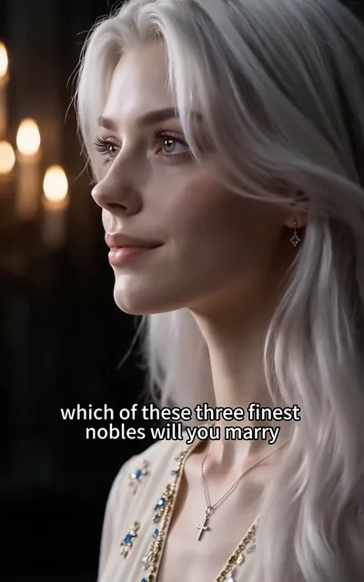 Frame ep01-f00 from episode 1 — Cecilia turns away from the three nobles (ep1; subtitles as aired — I choose none of them.)