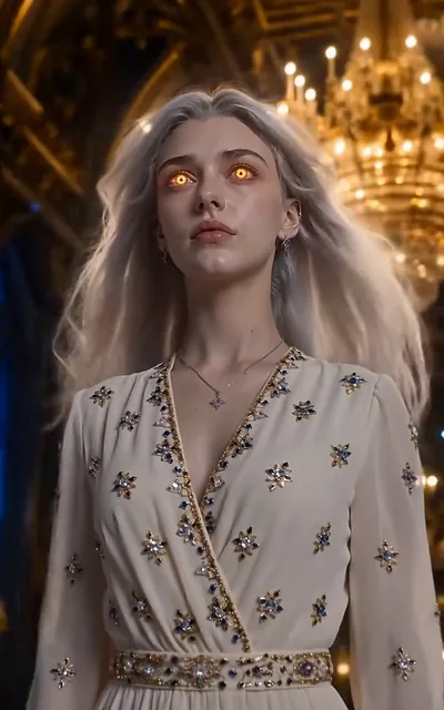 Frame ep02-f02 from episode 2 — Cecilia with glowing eyes under the chandelier (ep2; subtitles as aired — I will personally announce my fiance to the entire clan.)